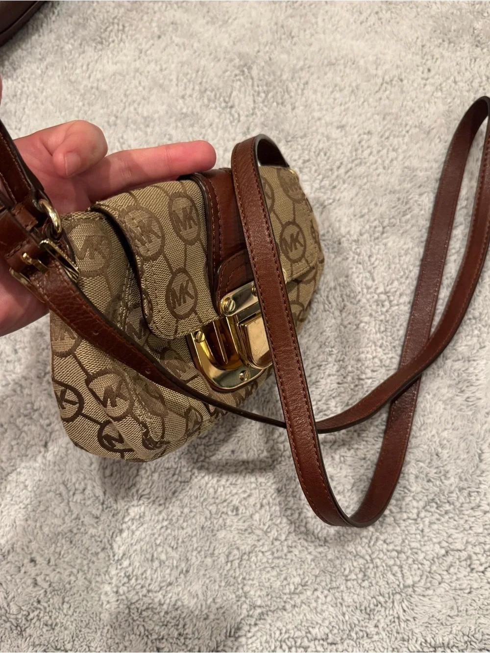 Michael Kors Beige and Brown Logo Crossbody with Gold Hardware